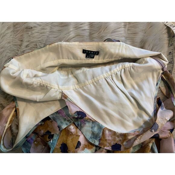 Theory Galla Dress Silk Watercolor Wrapover Bodice Open Back Ruffled Tie Waist 8 - Picture 10 of 14